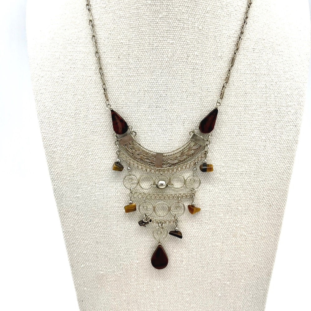 Boho Bib Necklace Silver Tone Tiger Eye Dangle Statement Jewelry
